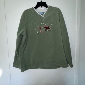 Croft & Barrow Green Fleece Pullover Sweater w/ Embroidered Moose Holiday L